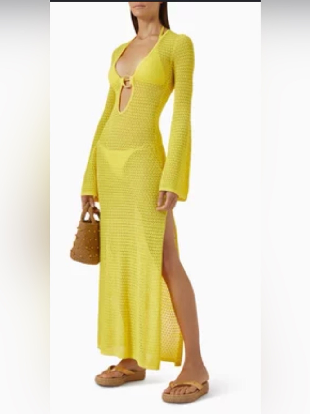 Monday Swimwear Yellow Crochet Long Sleeve Coverup Dress